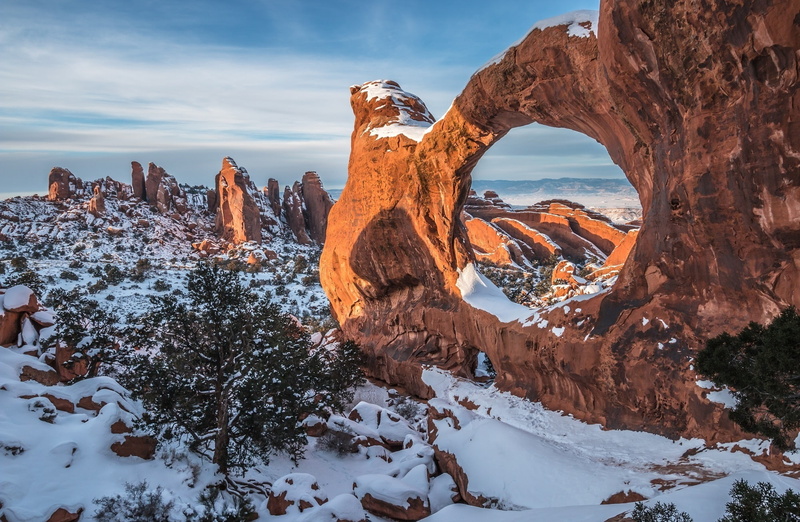 archesnationalpark, Winter, doubleOarch, Utah, View, Wilderness, double, Snow, Nature, America, Scenery, Formation, Rock, United States, geology, Sandstone