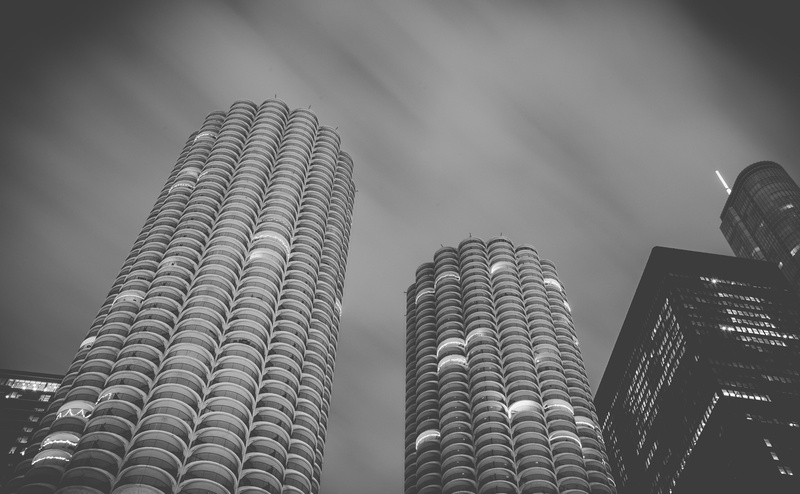 Buildings, towers, 4K, illinois, riverwalk, black, MarinaTowers, Black and White, unitedstates, Architecture, white, Chicago, Monochrome, marina, City