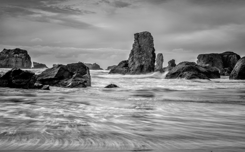 Photography, Bandon, Black and White, rock, Scenery, waterfront, Sunset, cloud - sky, Landscape, unitedstates, tourism, solid, touristattraction, 5K, stack rock