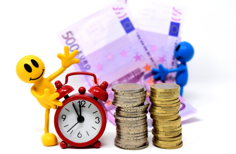 funny, profession, business, businessman, time of, making money, savings, bank note, figures, coins, minute hand, analog, round, coin bank, red, career