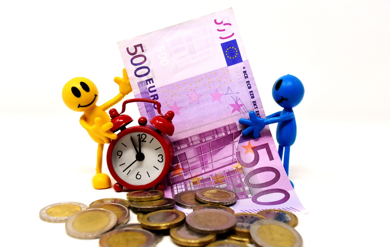 figures, coins, bank note, clock, time is money, group of objects, minute hand, clock face, money coins, economy, cut out, pointer, funny, last chance