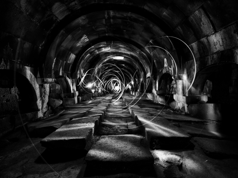 Black and White, bw, Trail, building, diminishing perspective, arch, direction, in a row, transportation, lightpainting, passage, built structure, Tunnel