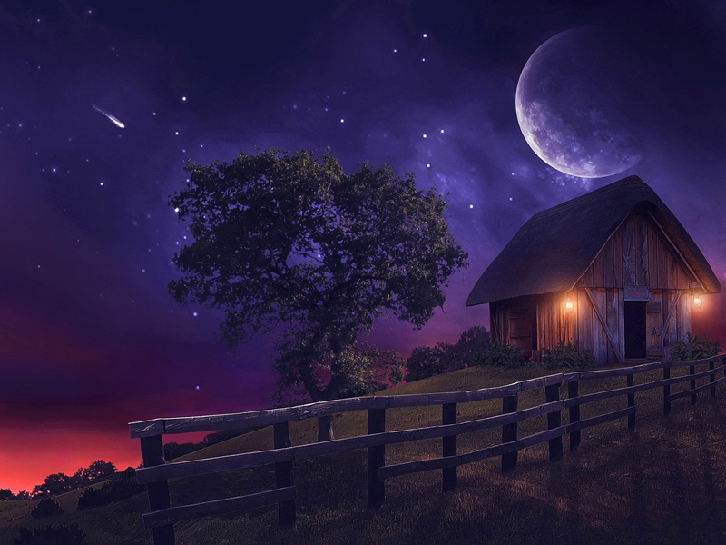 space, Fence, dark, Tree, architecture, cloud - sky, plant, house, full moon, sky, 1080P, Moon, no people, Fantasy, building exterior, moonlight, astronomy