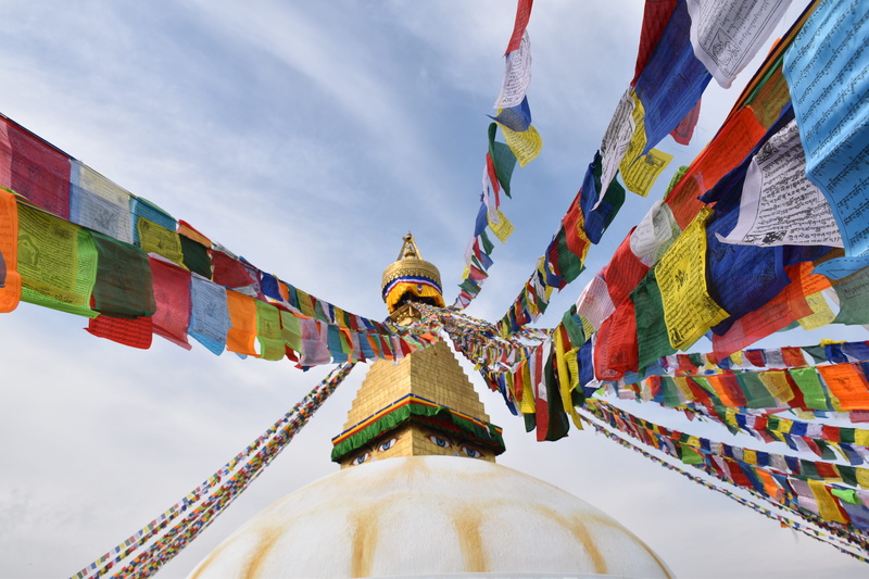 sky, outdoors, day, nature, spirituality, 5K, temple, building, place of worship, architecture, nepal, low angle view, flag, belief, religion, building exterior
