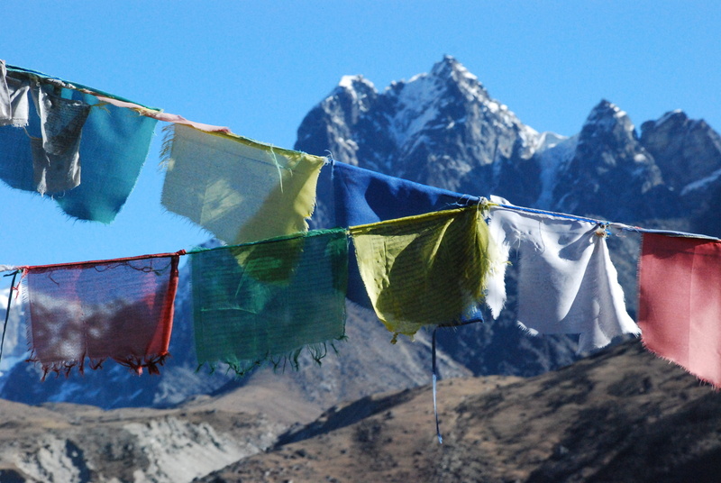 multi colored, clothesline, mountain peak, drying, prayer flags, view, hanging, landscape, mountains, clothing, snowcapped mountain, no people, religion