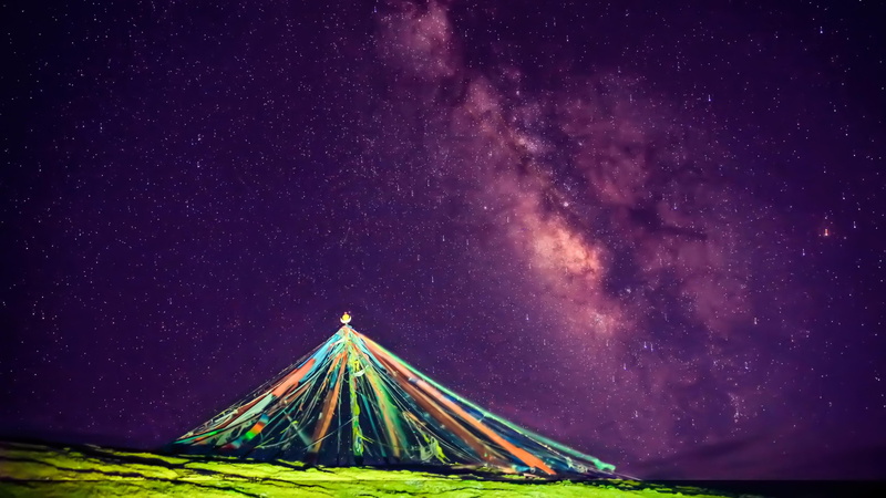 space, qinghai, buddhist, tibet, china, night, huangyuan, landscape, phenomenon, galaxy, riyue mountain, religion, 4K, buddhism, prayer flag, ri yue shan