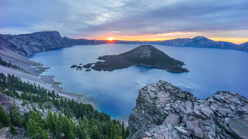 wizard island, landscape, scenics - nature, sun, water, no people, island, tranquil scene, sunset, oregon, tranquility, tree, lake, mountain range, land