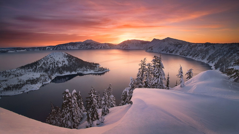 sunset, usa, desktop, photography, 1080P, landscape, hd, winter, lake, crater, oregon