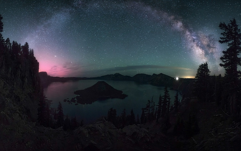 trees, lights, starry night, landscape, crater lake, dragon, long exposure, Oregon, Milky Way, nature, 720P