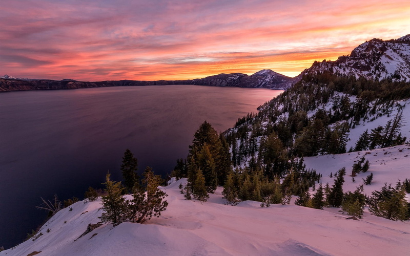 Snow, Trees, 1080P, Mountains, Crater, Lake, Park, National, Oregon, Winter, Sunrise