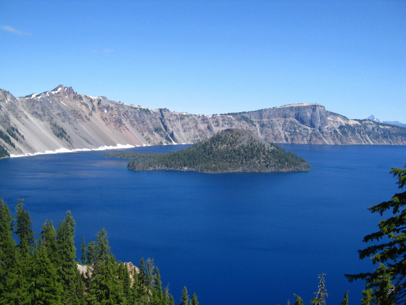tree, crater lake, clear sky, blue, park, no people, scenics - nature, lake, land, mountain, national, plant, tranquil scene, caldera, crater, oregon, mountain range