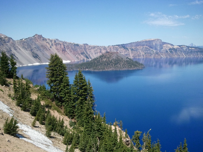 scenic, volcano, tree, clean, sky, plant, crater, mazama, blue, deep blue, natural, green, deepest, clear, coniferous tree, beauty in nature, water, elevation