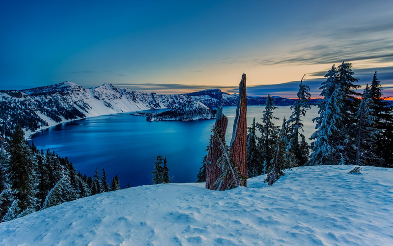 1080P, mountains, lake, landscape, crater, oregon, sunset