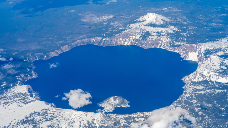 land, mountain, scenics - nature, crater lake, cloud - sky, blue, lake, 5K, nature, cold temperature, oregon, idyllic, fly over, beauty in nature, snowcapped mountain