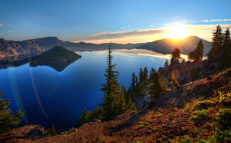 mountain Peak, mountain Range, outdoors, beside, Crater Lake, sky, body of water, autumn, 1080P, beauty In Nature, water, Lake  brown, forest, mountain
