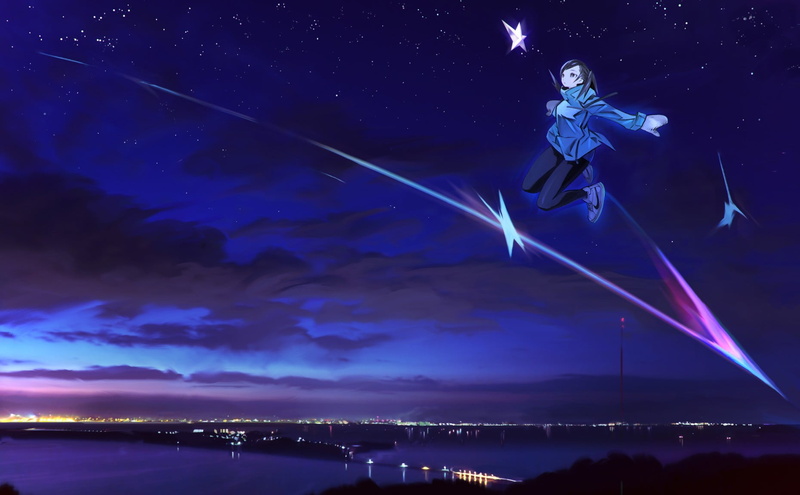 dusk, sky, city, night, digital composite, star - space, moon, light trail, motion, blue, anime girls, anime, nature, space, astronomy, outdoors, illuminated