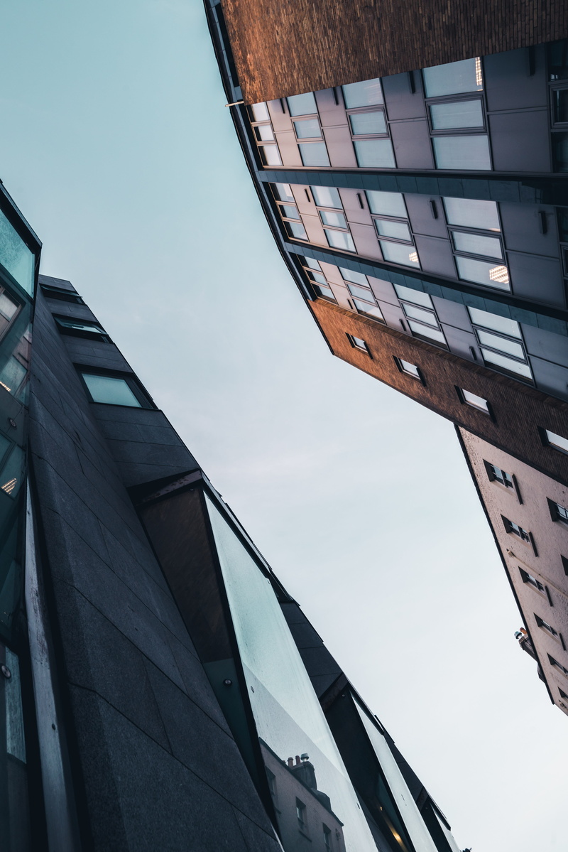 reflection, new york, cityscape, skyscappers, architecture, 8K, directly below, building exterior, residential district, skyscraper, street, buildings
