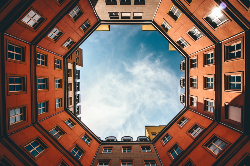 cityscape, house, red, looking up, sunlight, building, 5K, pattern, sky, clouds, built structure, blue, lookup, concrete, daytime, orange, forming, brick