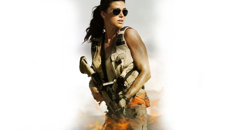 young women, uniform, copy space, clothing, standing, adult, fashion, holding, sunglasses, portrait, weapon, indoors, 1080P, three quarter length, military
