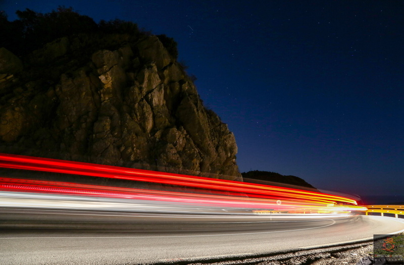 2K, long exposure, no people, outdoors, tail light, mountain, architecture, blurred motion, light trail, speed, landscape, motion, traffic, nature, night