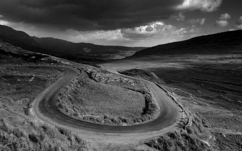 landscape, hairpin turns, 720P, Ireland, monochrome, road