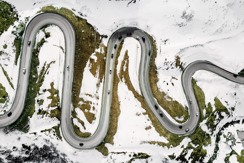 birds eye view, road, cold, 4K, hairpin turns, winter