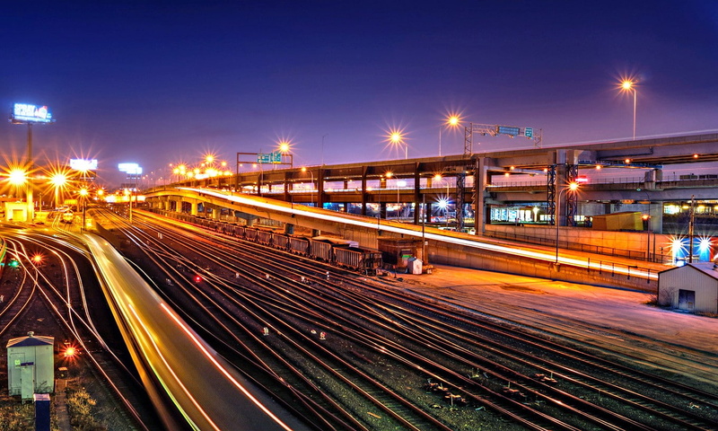 urban, built structure, bridge, light trail, illuminated, railway, street, 720P, mode of transportation, no people, highway, transportation, sky, multiple lane highway