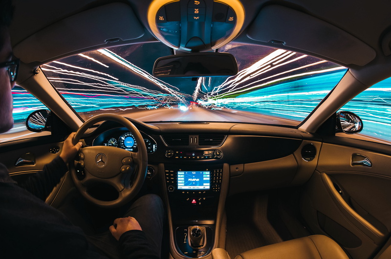 light trails, car interior, 5K, night