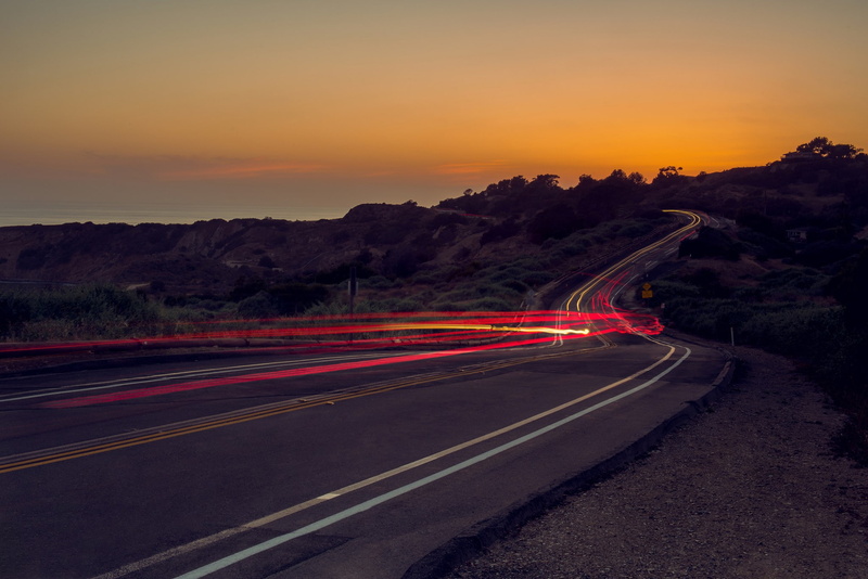 road, 1080P, sunset, light trails