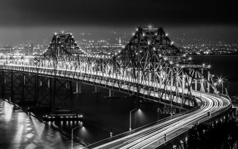 water, transportation, monochrome, illuminated, building exterior, mode of transportation, nature, connection, night, 720P, light trails, motion, built structure