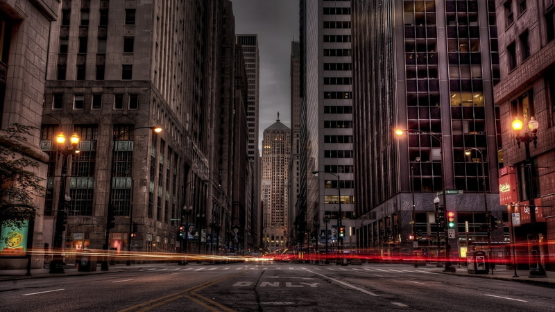 Chicago, light trails, cityscape, building, 1080P, lights, skyscraper, long exposure