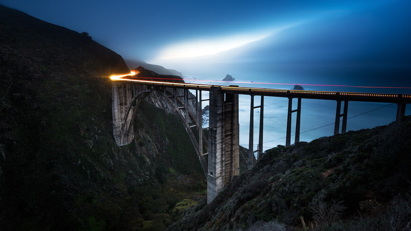 long exposure, transportation, non-urban scene, California, landscape, environment, bridge, dusk, beauty in nature, no people, illuminated, nature, light trails