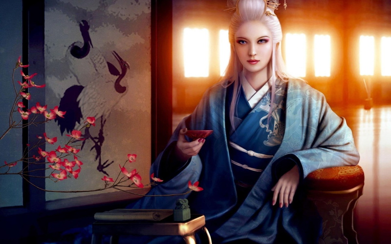 s, kimono, women, games, blue, rings, white, legend, 1080P, five, legend of the five rings, 1920x1200