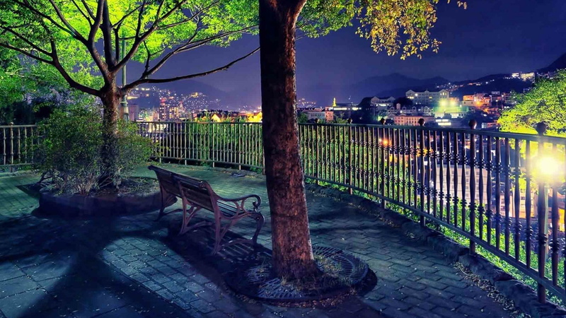 night, cityscape, city lights, park, 1080P, view, bench, cityview, night sky