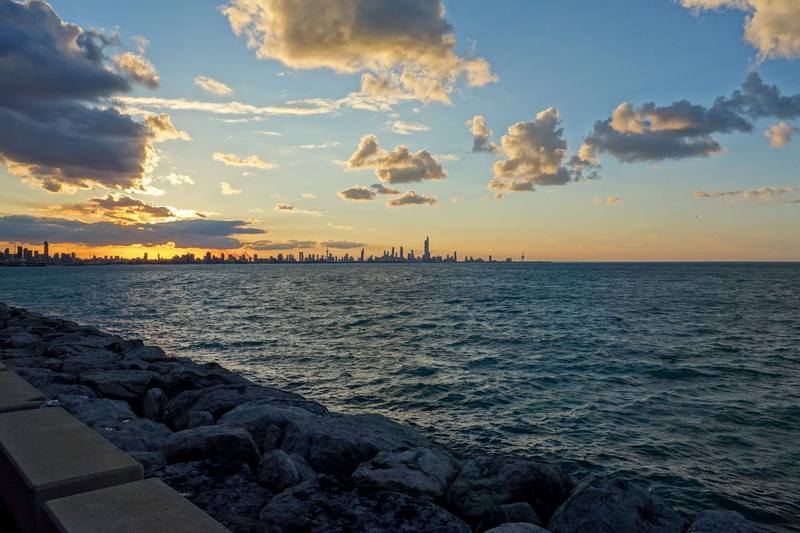 sky, sea, outdoors, horizon, evening sun, architecture, 4K, tranquil scene, scenics - nature, nature, beach, rocks, kuwait, sun ray, idyllic, tranquility