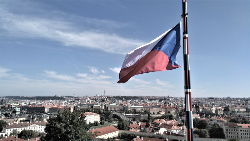 wind, clouds, cloud - sky, flag, czech, townscape, country, red, building, residential district, sky, building exterior, oldtown, city, prague, day, blue