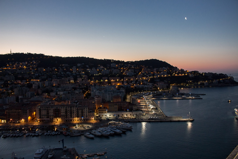 building exterior, 4K, sky, sunrise, sea, view, dusk, city, outdoors, water, full moon, clear sky, townscape, no people, nautical vessel, moon, transportation
