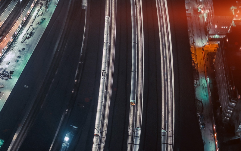 4K, blue, flare, train, cityview, street, dark, night