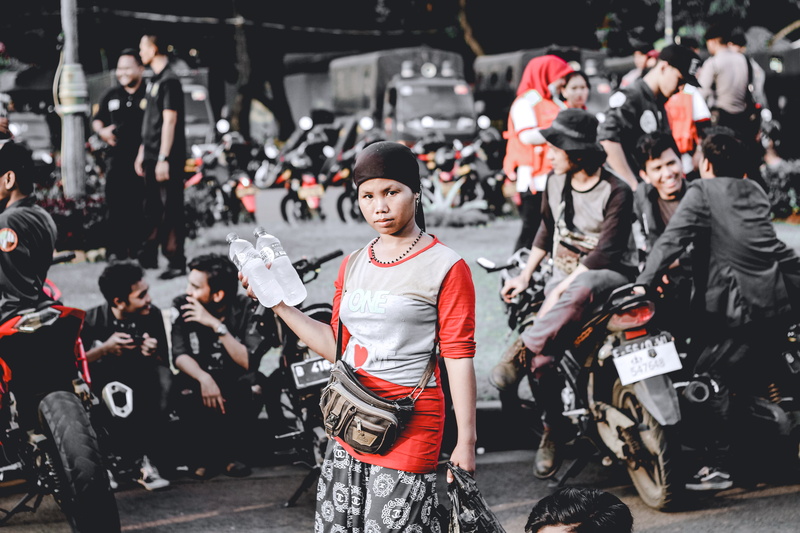 front view, city, standing, women, real people, group of people, Asian, adult, looking at camera, outdoors, crash helmet, transportation, mode of transportation