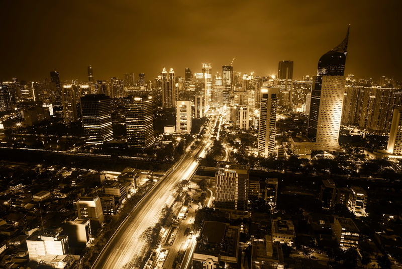 architecture, tall - high, rise, office building exterior, transportation, aerial, jakarta, evening, street, high, illuminated, residential district, modern