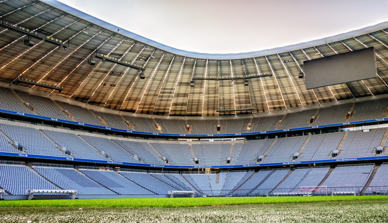 no people, sport, environment, solar energy, empty, bavaria munich, blue, outdoors, sports center, green, low angle view, sky, seats, allianz arena, grass