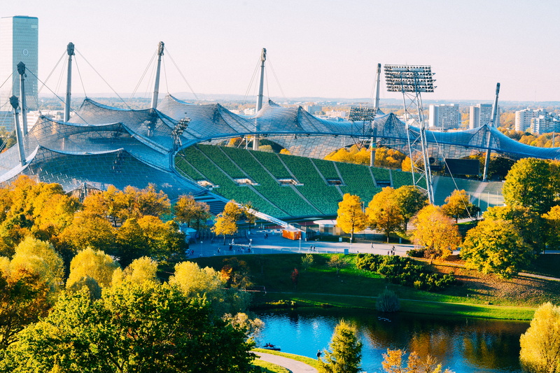 outdoors, munich olympic stadium, sky, water, transportation, architecture, no people, 5K, river, bridge, olympia berg, stadium, building exterior, münchen