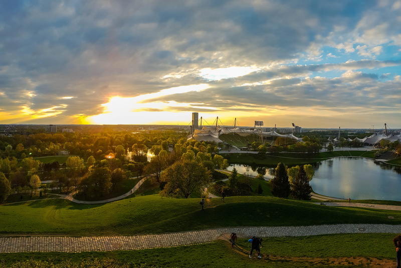 architecture, scenics - nature, germany, münchen, grass, sunset, water, built structure, outdoors, nature, munich, plant, lens flare, cloud - sky, clouds