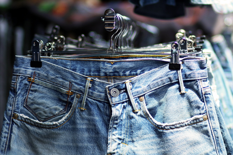 store, retail, blue, silver, choice, jaffa, jeans, close-up, hangers, group, personal accessory, indoors, still life, breech, no people, clothing, pants