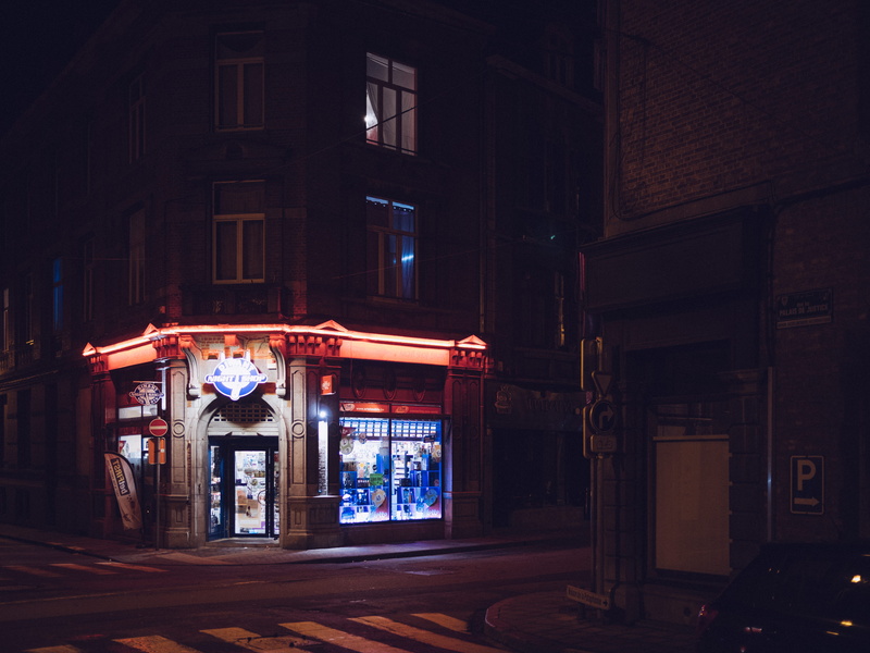 street view, neon, transportation, night, turned, house, entrance, text, light, sign, facade, outdoors, architecture, no people, nightlife, illuminated