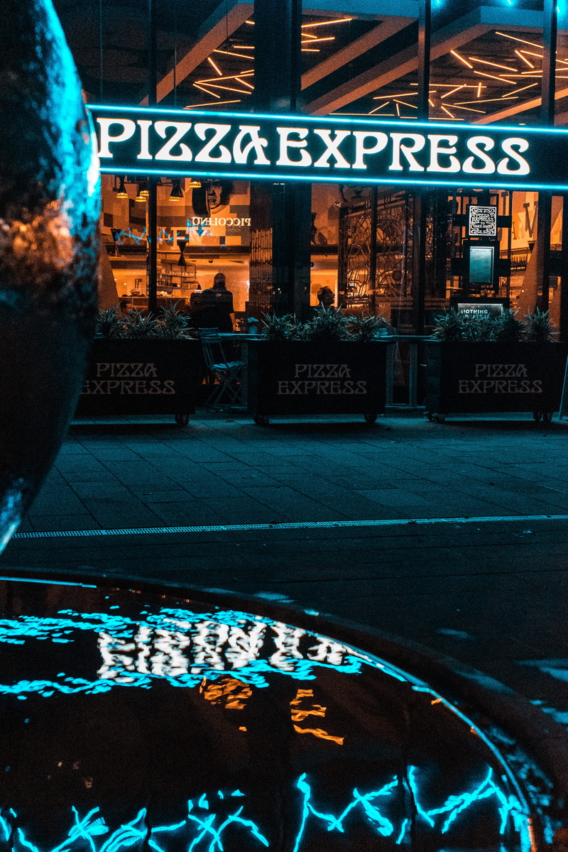 food and drink, tarmac, neon, glass, pizza, leisure activities, clothing, food, street, s, communication, restaurant, incidental people, illuminated, script