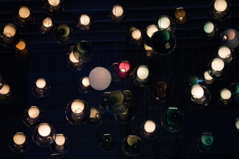 glowing, illuminated, balls, low angle view, light bulb, light fixture, 5K, architecture, no people, electricity, in a row, bubble, lighting, indoors