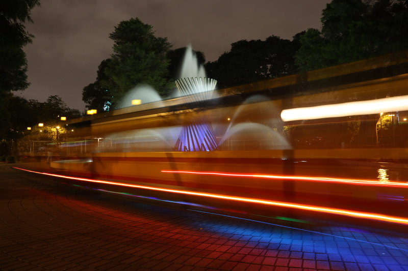 fountain, night, water, plant, asphalt, vehicle, tree, on the move, coat, overcoat, street, motion, city, blurred motion, built structure, tarmac, building exterior