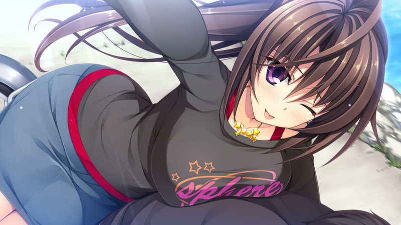 Blush, Brown Hair, Purple Eyes, Girl, Anime, Long Hair, Pretty x Cation, Wink, Tongue, Necklace, 1080P, Pretty x Cation 2, Ponytail