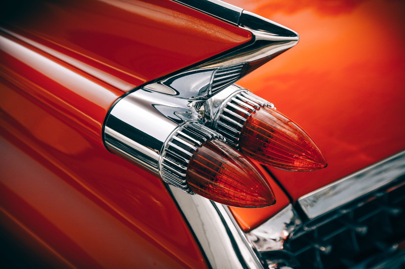 fin, light, red, metal, silver colored, shiny, close-up, 5K, retro, car, old car, classic car, vehicle part, motor vehicle, type, classic, retro styled